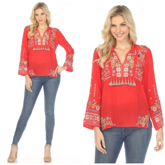 Johnny Was Red Coriander Tasseled Embroidered Blouse Boho Chic C17123 Size XXS - Picture 1 of 15